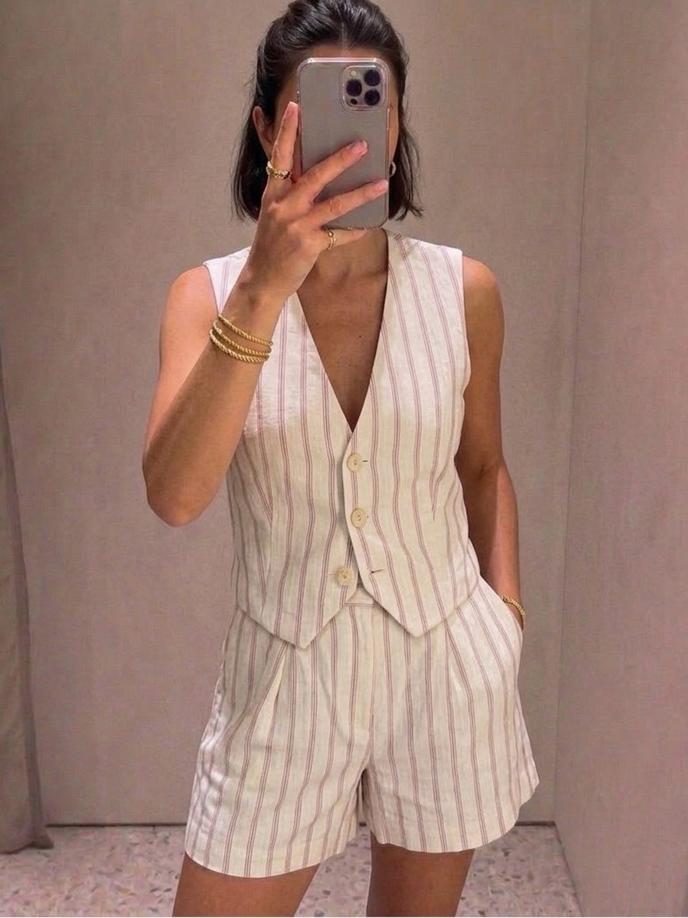 Zara Cream & Red Pinstripe Linen Blend Vest and Shorts Linen Set